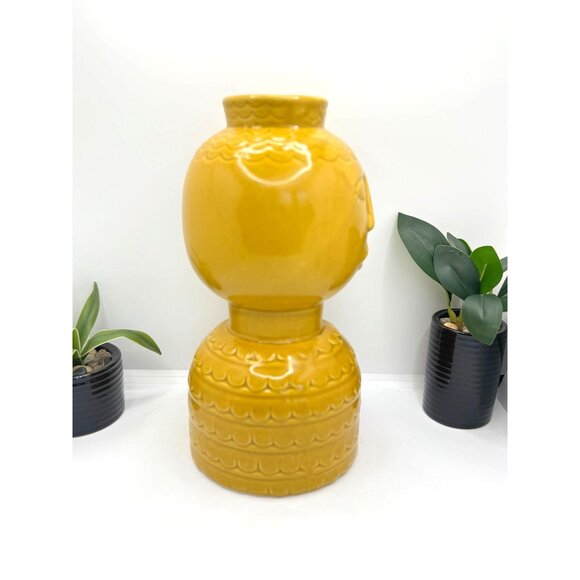 Three Hands Yellow Ceramic-Porcelain Decorative Vase With Face Design - Picture 4 of 8